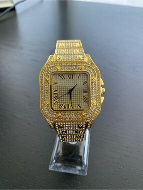 Iced Out Gold Tone Pave Crystal Square Face Watch